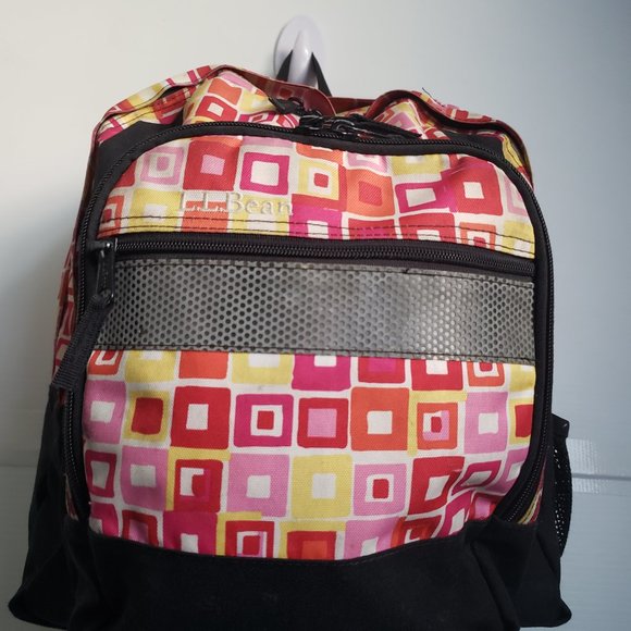LL BEAN abstract design Backpack pink red yellow white black reflective strip + - Picture 5 of 11